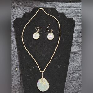 Silver Chain Necklace and Earrings Set with Iridescent Pendants